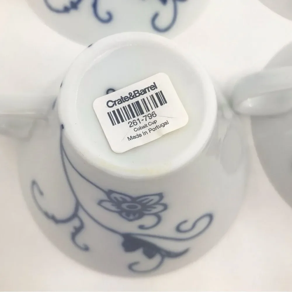 Crate & Barrel CAMILLE White Blue Floral Set of Four Porcelain Tea Coffee Mugs